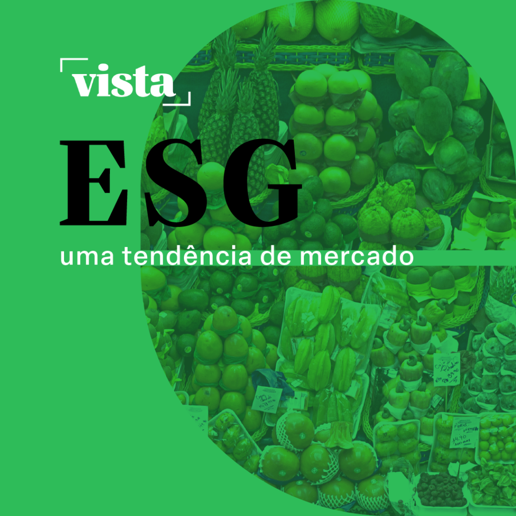 ESG: Arte com frutas penduradas no fundo e escrito "ESG - uma tendência de mercado