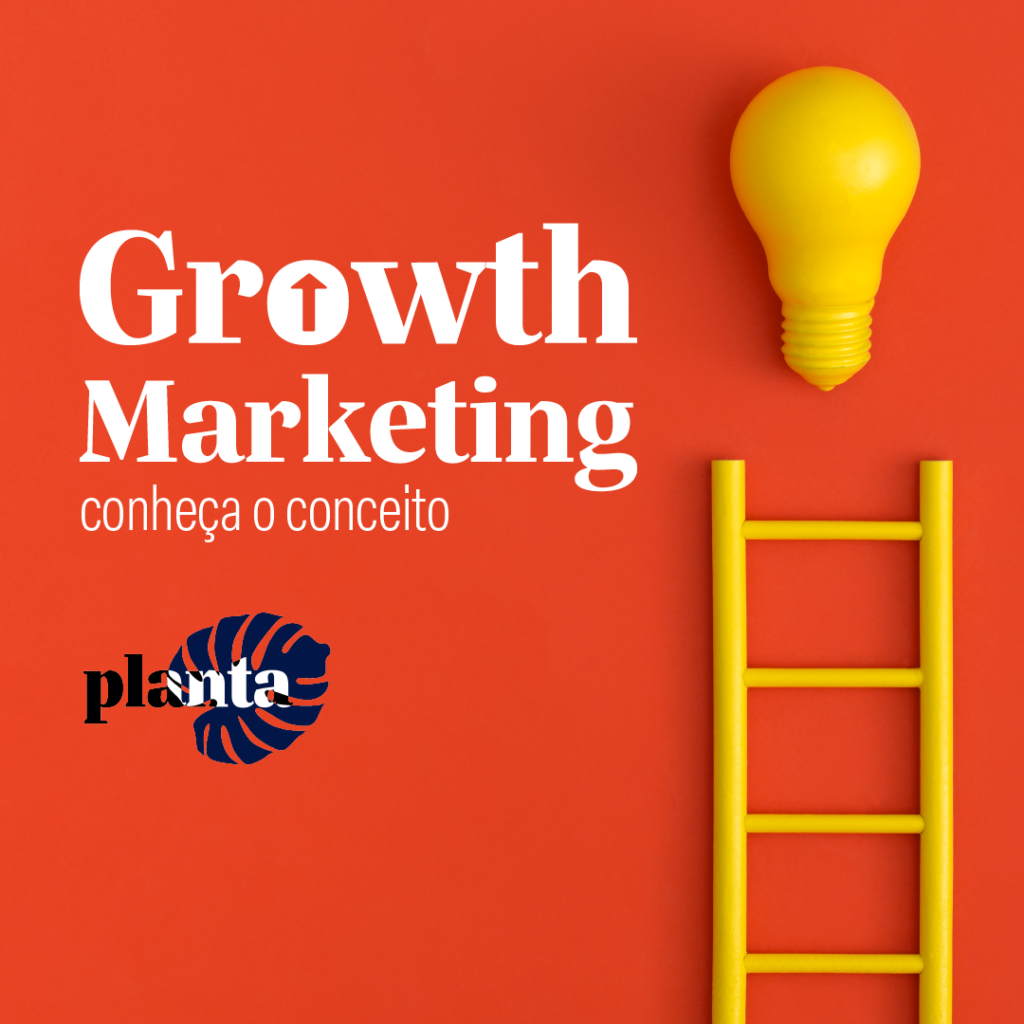 Arte com o título Growth Marketing: conheça o conceito e a foto de uma escada amarela e uma lâmpada amarela encostadas em um fundo vermelho.